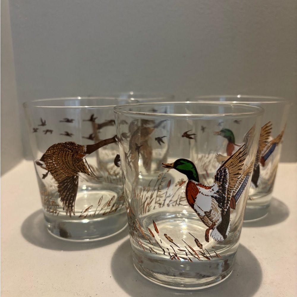 4 Vintage Mid Century modern duck/pheasant bird drink glasses wildlife cabin bar